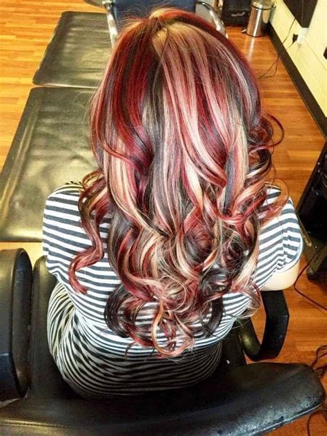 highlights in dark red hair|black hair red blonde highlights.